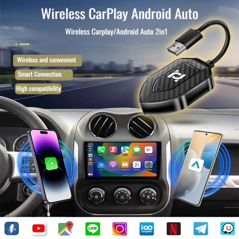 Bluetooth 5.0 Wireless CarPlay 2 in1 Wireless Android Auto Adapter Smart Box WiFi BT Auto Connect Plug&Play For Wired CP