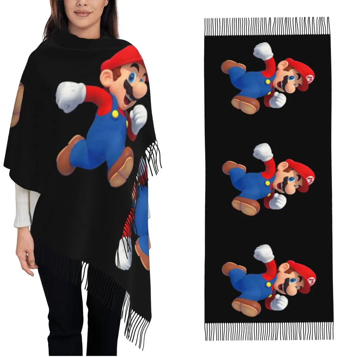 Super Mario correndo cachecol Mario para mulheres, pôster 3D, xale quente, envoltório do jogo, lenços longos com borla, vestido de noite, inverno