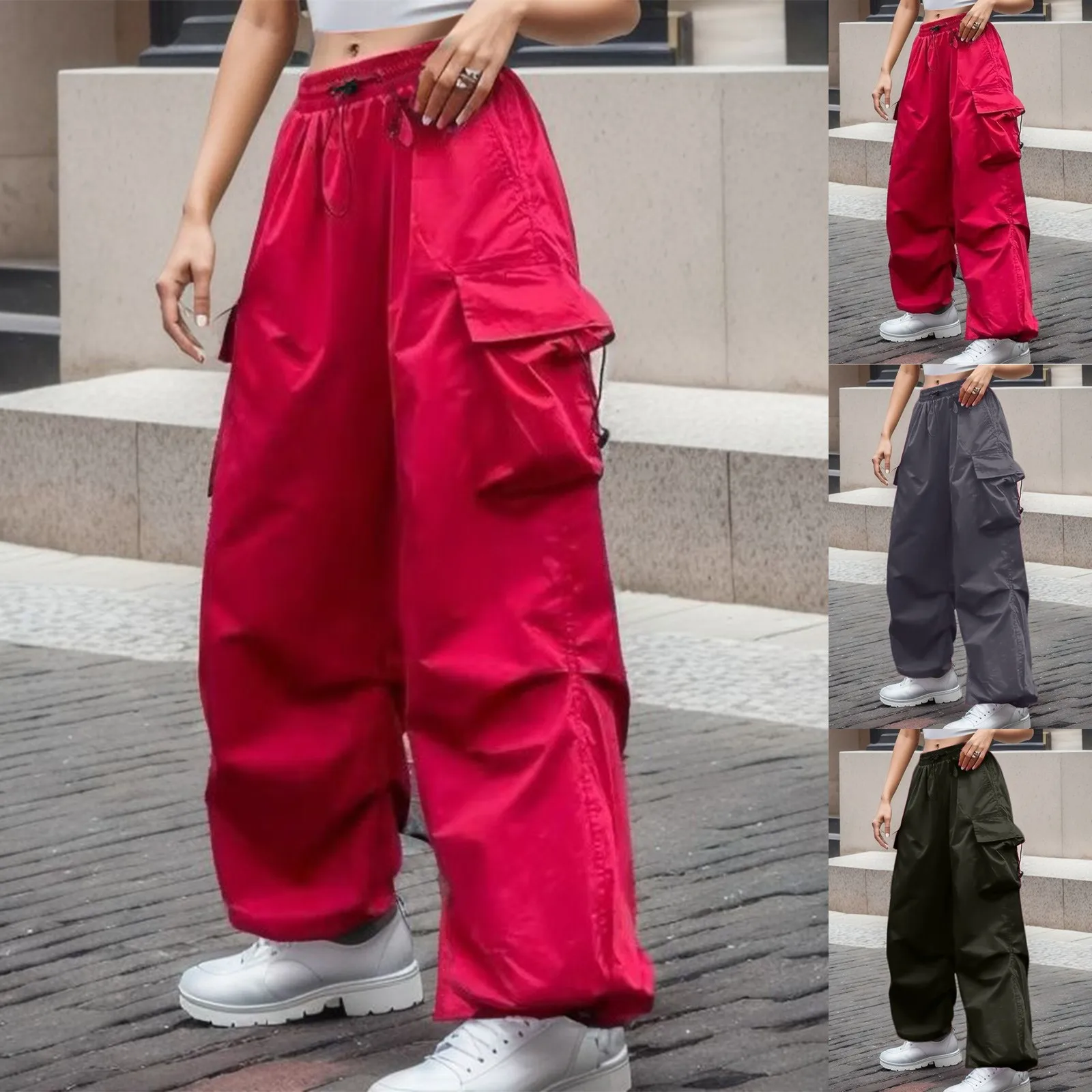 

Women Big Pockets Cargo Pants Y2k High Elastic Waist Drawstring Baggy Trousers Vintage Casual Loose Side Zipper Straight Pants