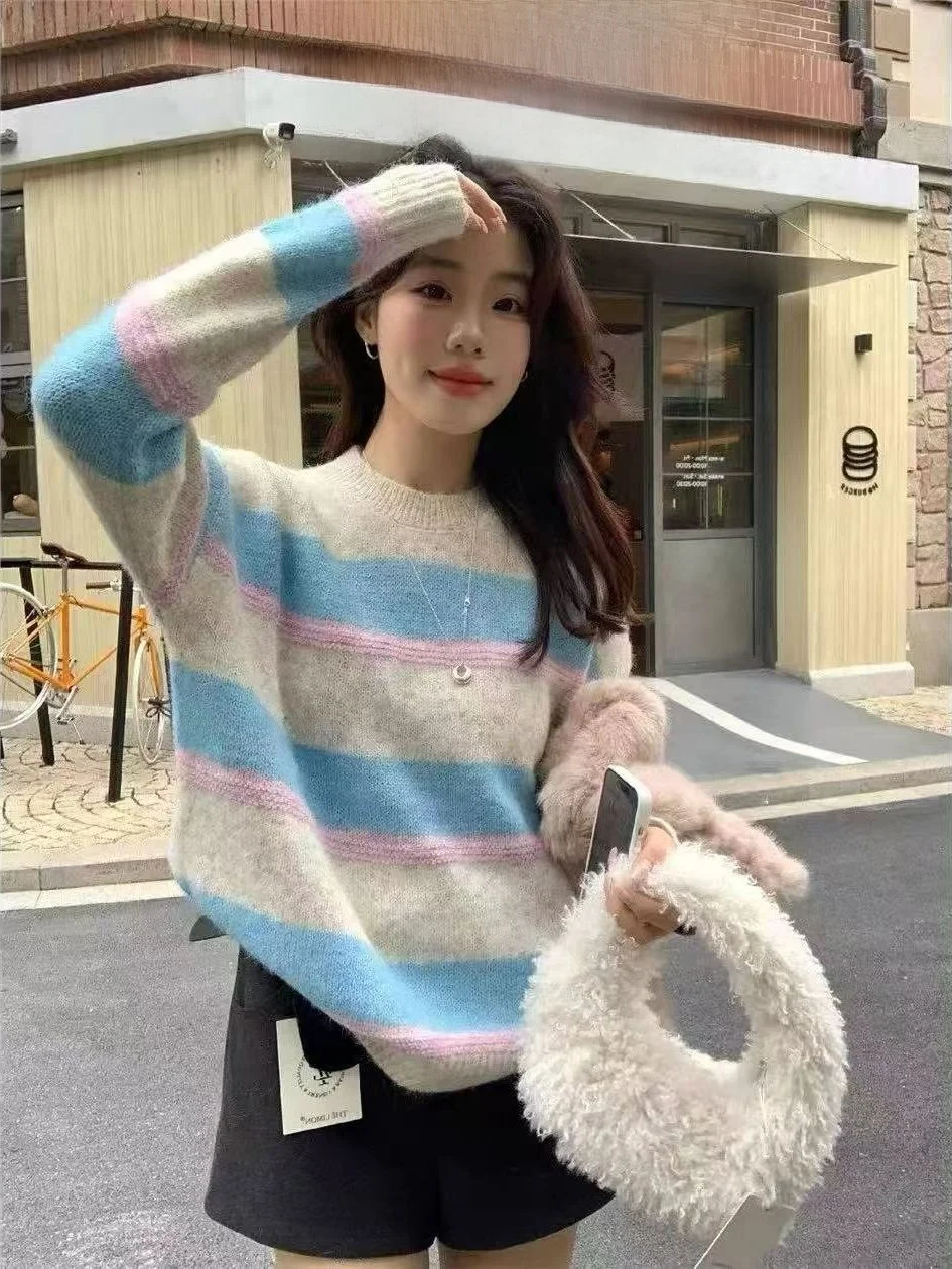 

Korean Sle Lazy round Ne Striped Color Blo Loose Warm Knitted Sweater Women's Winter Loose Slimming Knitwear Top