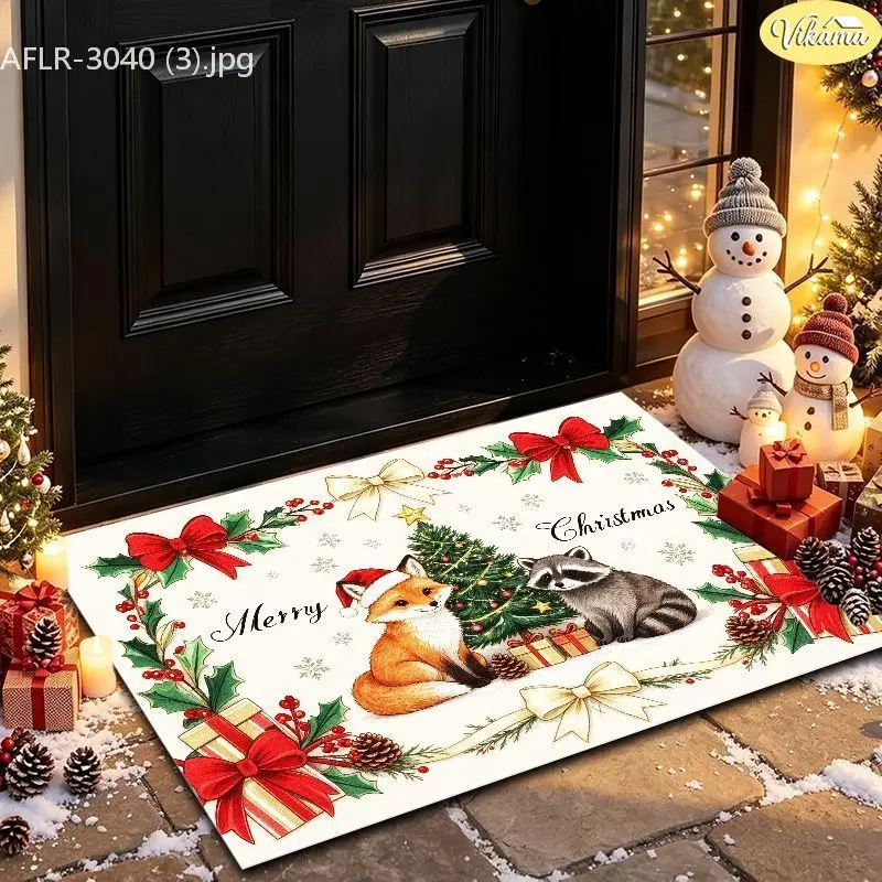 VIKAMA Purple Angel Bow Holly Entryway Rug Non Slip Low Profile Mats for Outside Front Door Xmas Winter Decor Washable
