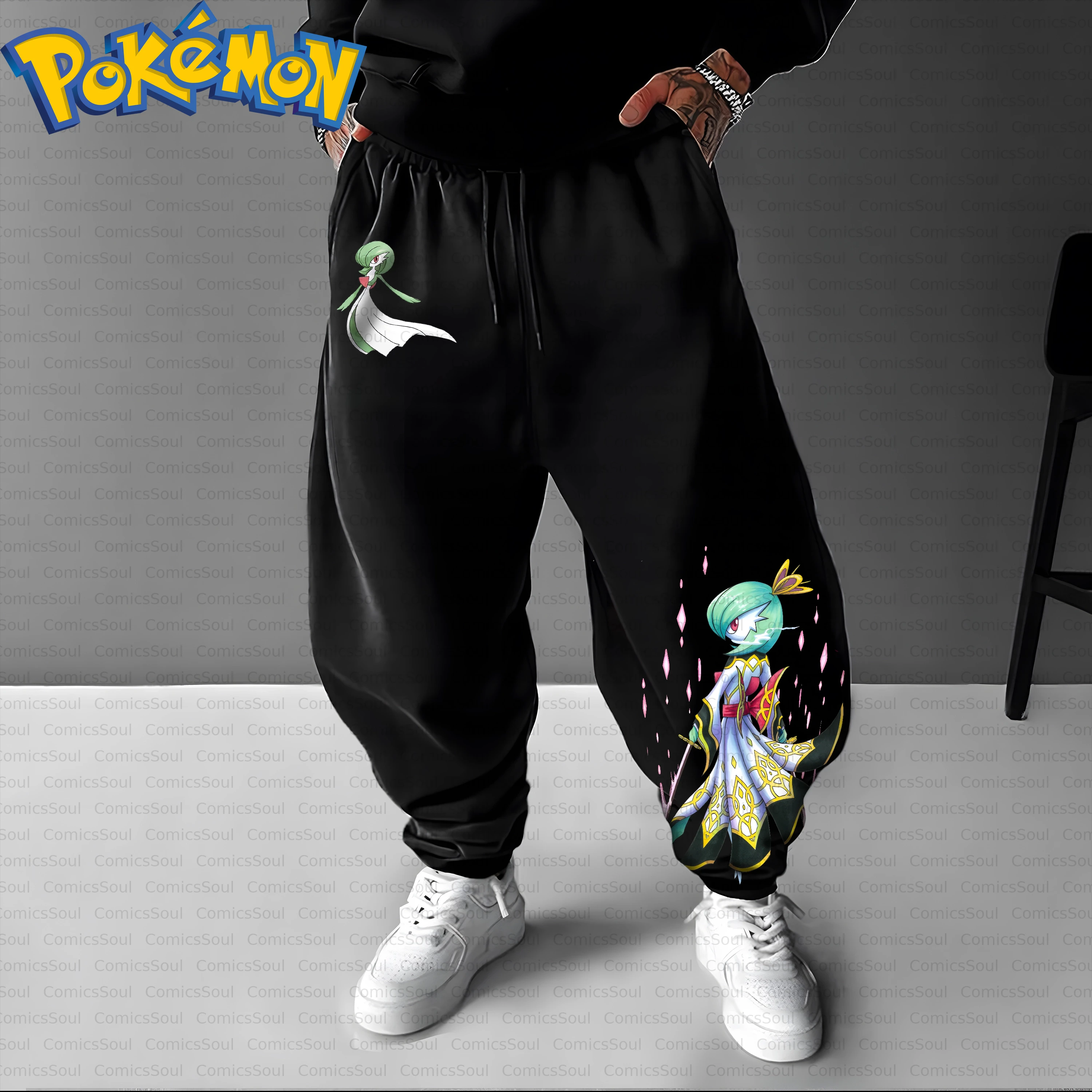 Conjunto de moletom com capuz Pokémon de algodão preto e calças Harajuku com estampa Gardevoir, efeitos azuis rosa e manga verde, design casual com logotipo