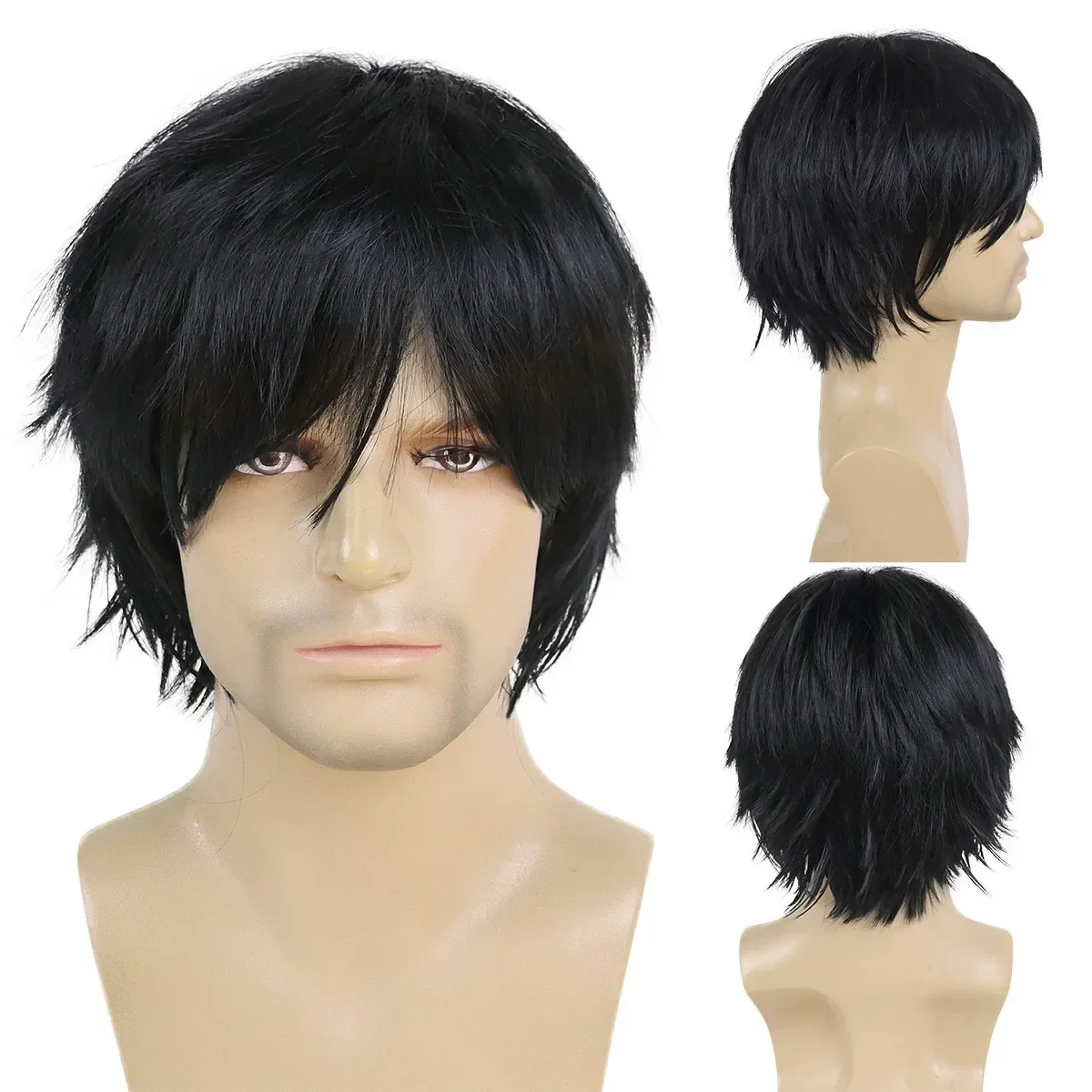 CosplayKurze schwarze Perücken für Männer, Kunsthaar, Cosplay-Perücke mit Pony, lockige Frisuren, Anime-Kostüm, Party, Halloween-Perücke, Na