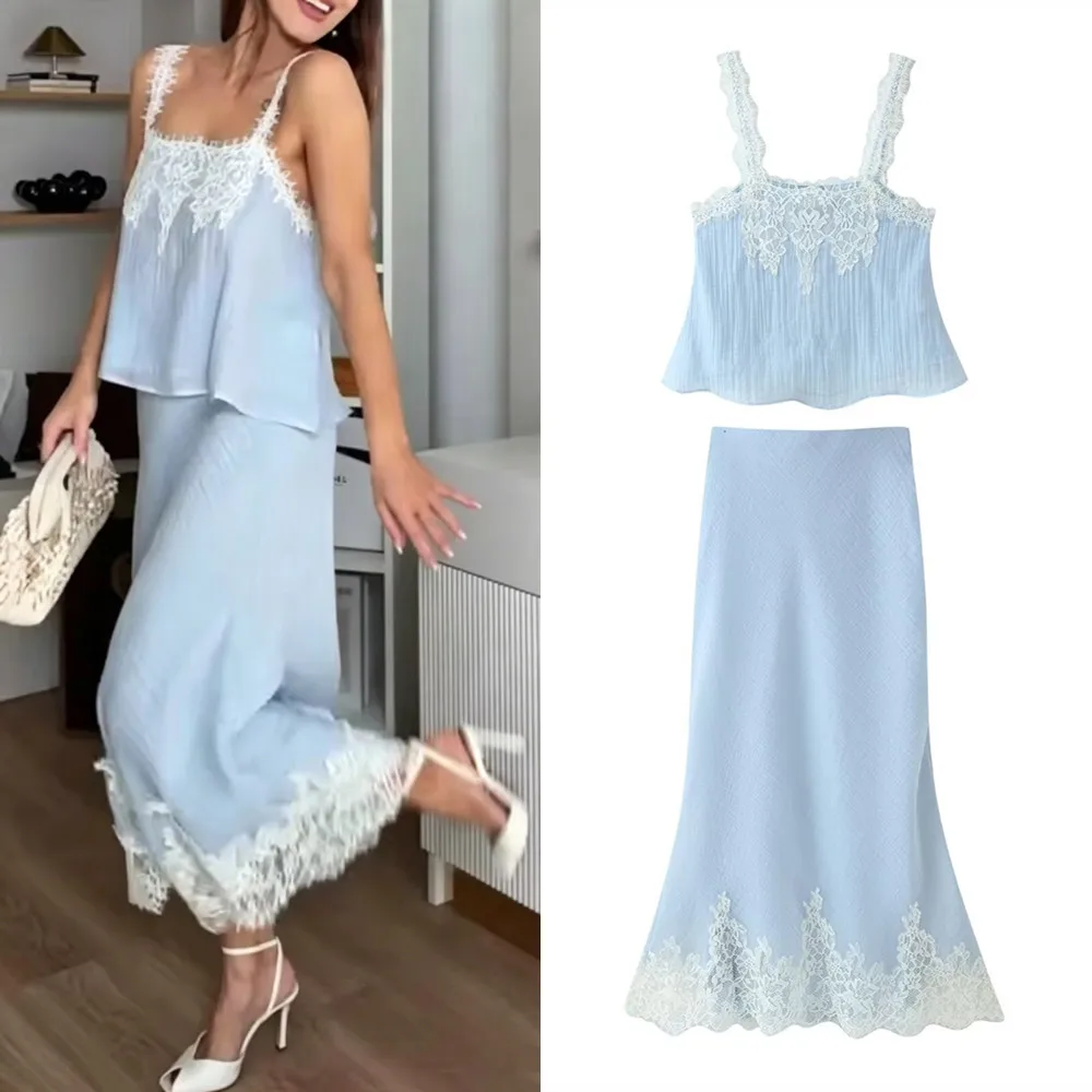 

Ladies Holiday Sexy Chic Women Skirt Suit Lace Cami Top Long Straight Skirt Fashion Spring Summer Beach Skirt 2 Piece Set