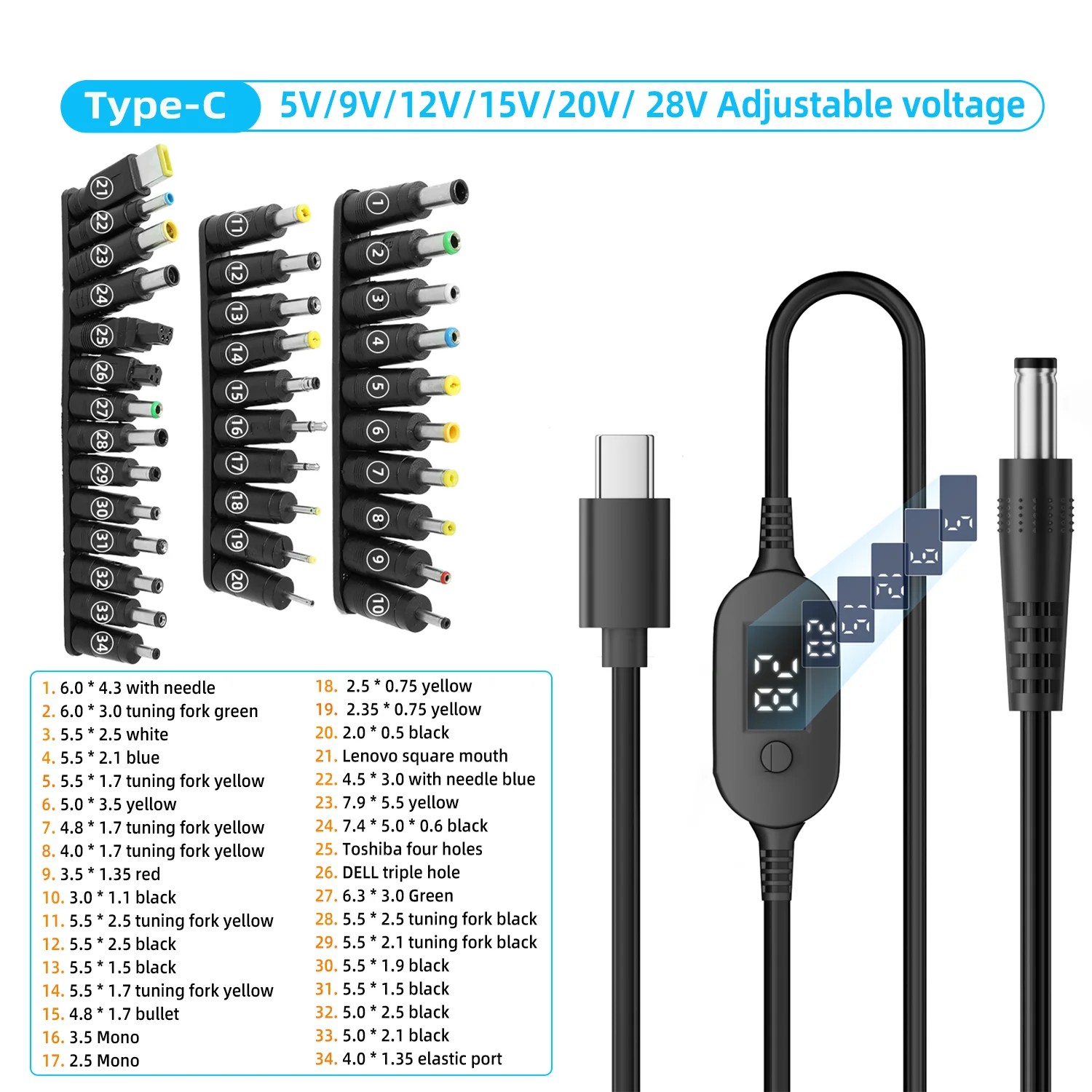 USB-C-auf-DC-Stromkabel 140W Typ-C auf 5V 9V 12V 15V 20V 28V Einstellbarer Spannungsadapter Anschlusskabel für Laptops und Router