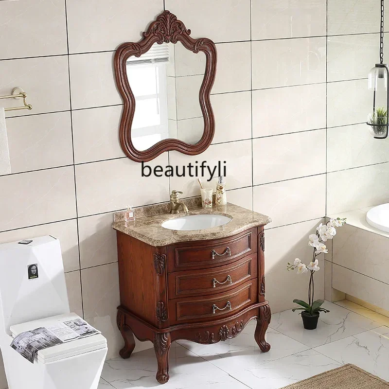 

FC American Red Oak European Bathroom Cabinet Small Apartment Wash Basin Cabinet Combination Solid Wood Washstand