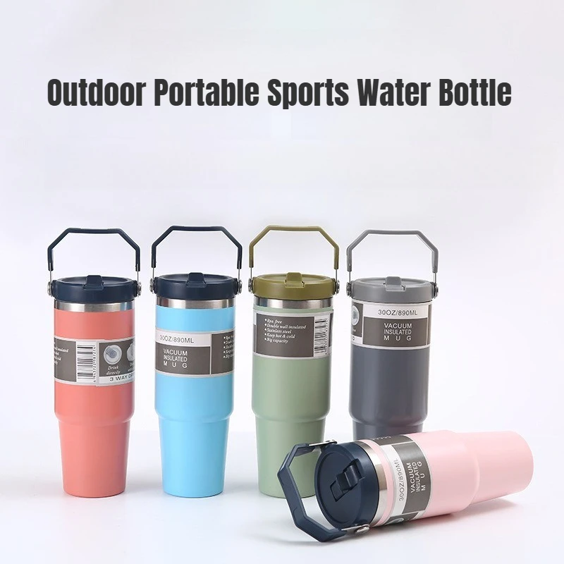 

30oz Outdoor Sports Water Bottle with Straw Portable Large Capacity Stainless Steel Car Cup, Leakproof & Cold Retention Vacuum