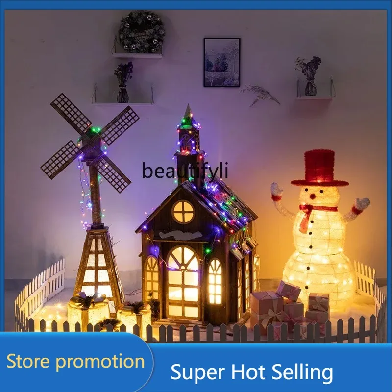 

a485 Рождественские крупномасштабные украшения для сцен, деревянный дом, замок, комбинированный пакет, торговый центр отеля, светящийся снеговик, название