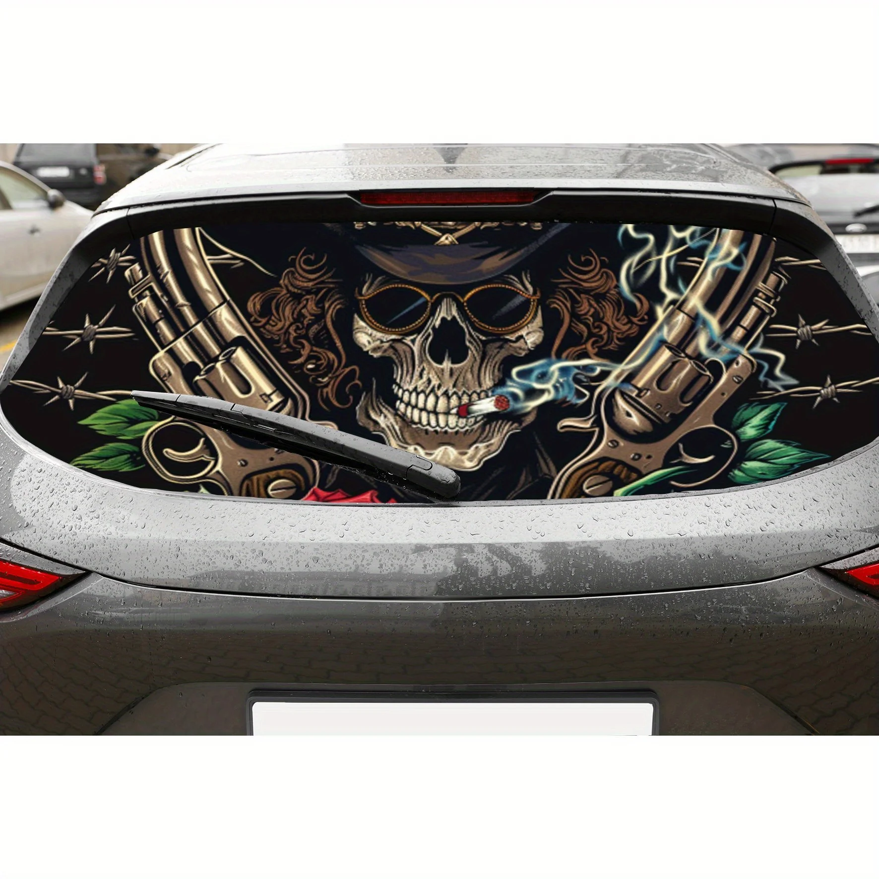 

Vintage Skull Gunman PVC Perforated Car Vinyl Wraps, Privacy Enhancing Design for Rear Window, Car Rear Windshield Sticker for M