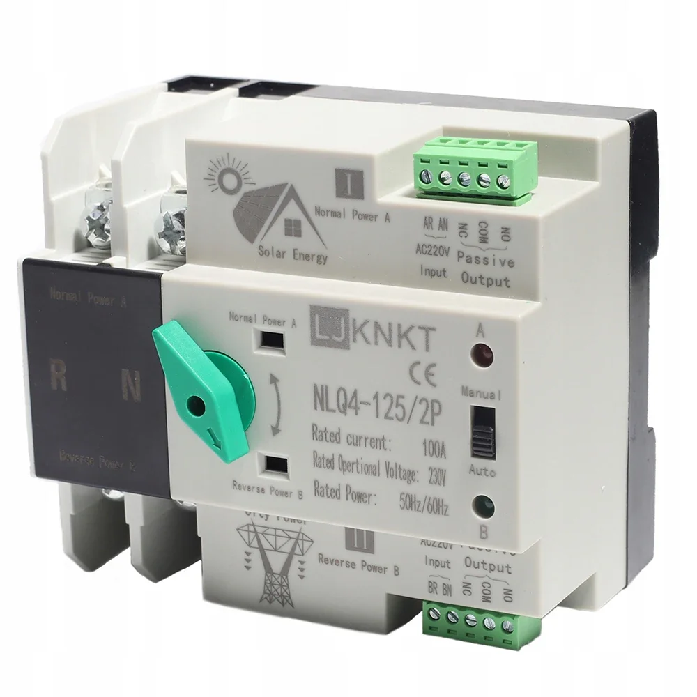 2P Din Rail PV Inverter Dual Power Automatic Transfer Selector Switches Uninterrupted 100A Photovoltaic Solar