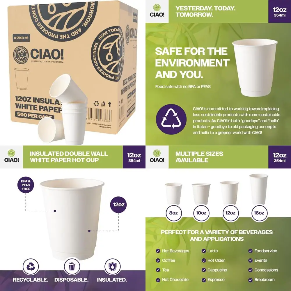 

Insulated Double Wall White Paper Hot Cups, 12 oz, 90mm Diameter, 500 Pack, Large Coffee Cups