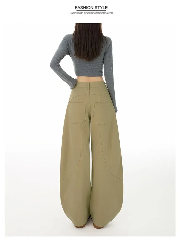 Calça jeans cargo solta feminina, vintage, azul, perna larga, machete, peso pesado, algodão lavado, casual, diária, streetwear