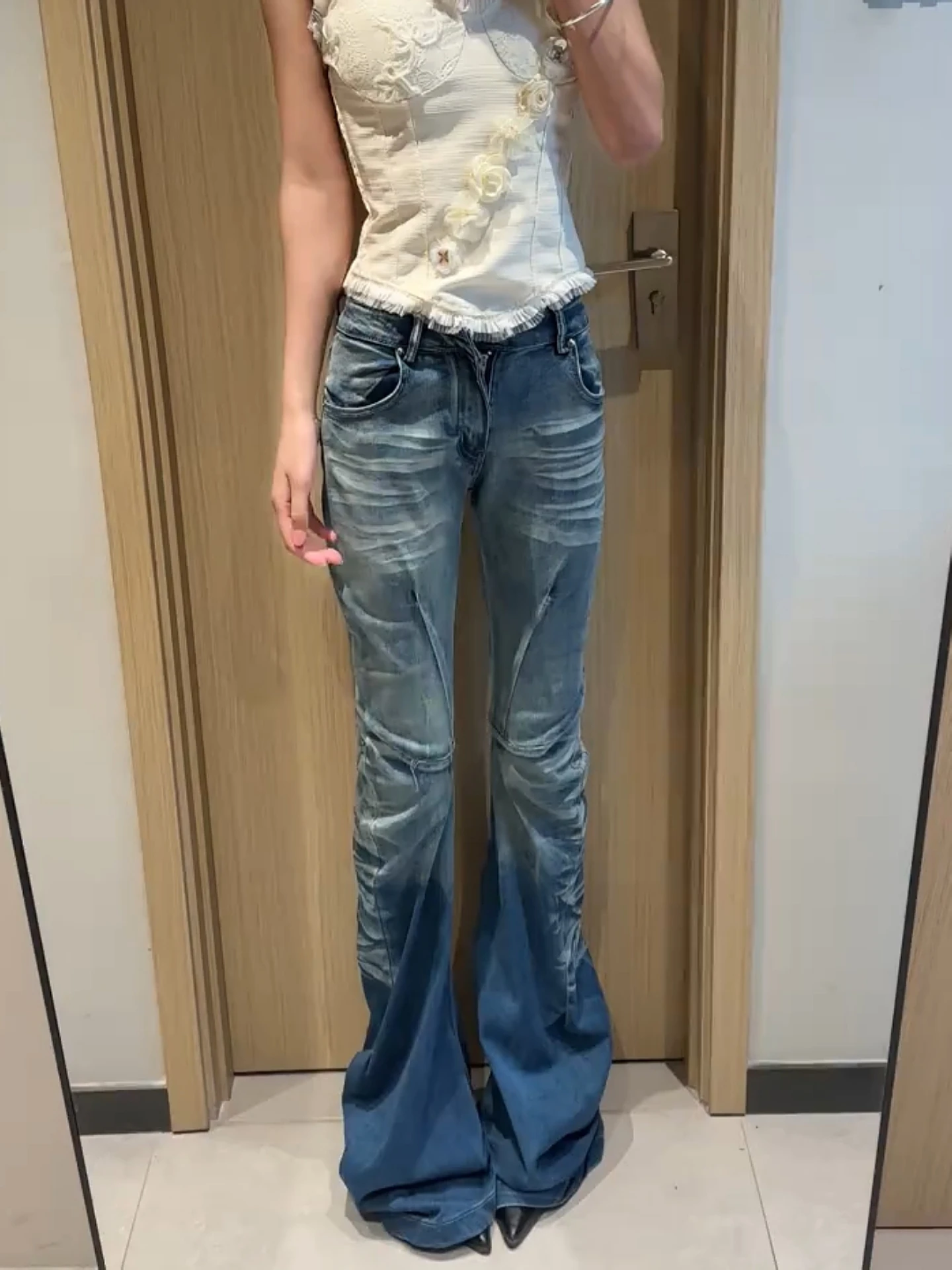 

American High Street Washed Folded Micro Flared Jeans Women's New Design Slimming Floor-Length Pants Sexy Girl Style