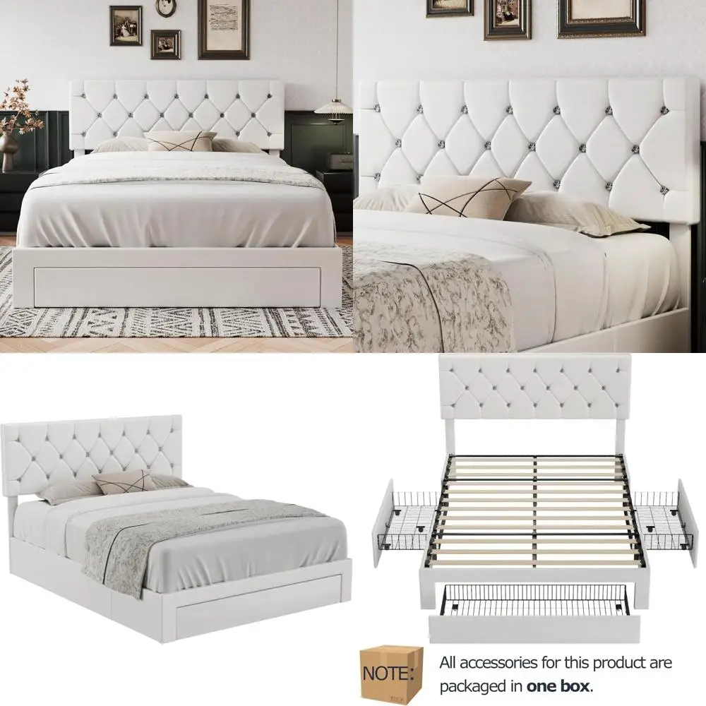 

Кожаная кровать размера Queen с 3 ящиками, изголовьем с ромбовидной прострочкой, ламельным основанием из массива дерева, стальным каркасом, обивкой из ПУ и белой ткани.