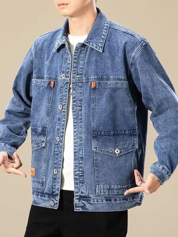 Loose Men's Denim Jacket Spring Autumn Wear Resistant Multi Pocket Workwear for Construction Site Labor Protection And Daily Use