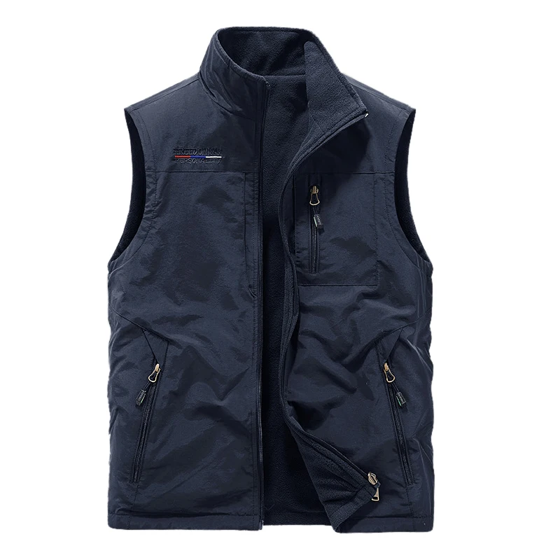 Man Spring Outdoors Waistcoat M-6XL Fleece Lined Multi Pocket Two Side Wear Leisure Hiking  Cargo Sleeveless Jacket