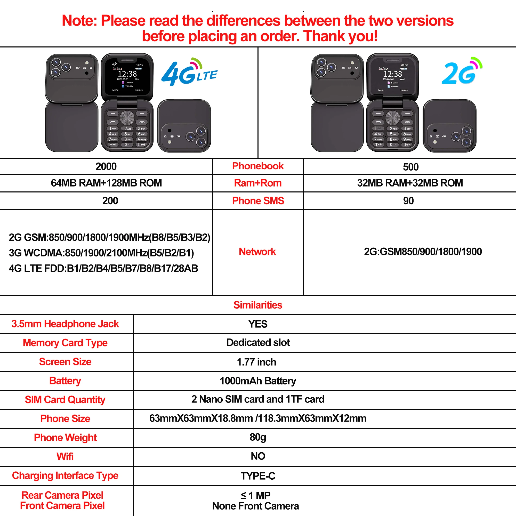 SERVO I18 Pro Flip Mobile Phone 2G GSM/4G LTE Network 1.77' Screen Dual SIM FM Radio Call Recording Blacklist Mini Fold Phone