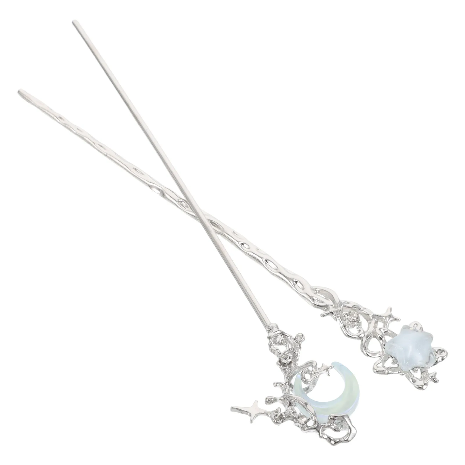 

2pcs Stone Hairpin Decorative Chopstick Silver Crystal Hair Sticks Star Moon Accessories Lightweight Secure