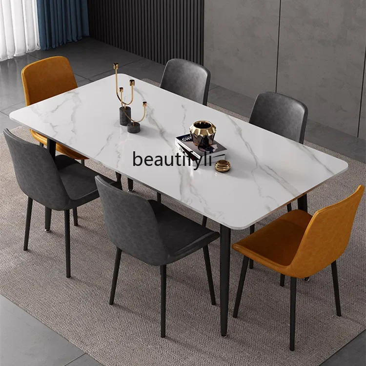Light luxury bright rock slab dining table and chair combination modern household rectangular dining table