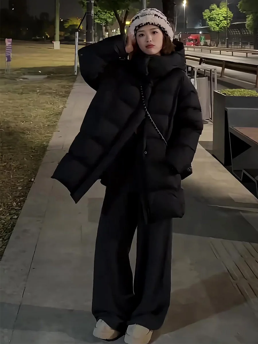 Koreanischer Damen-Langmantel mit Kapuze, Daunenjacke, Weiß, Warm, Dicker, Locker Geschnitten, Schwarz, für die Wintersaison