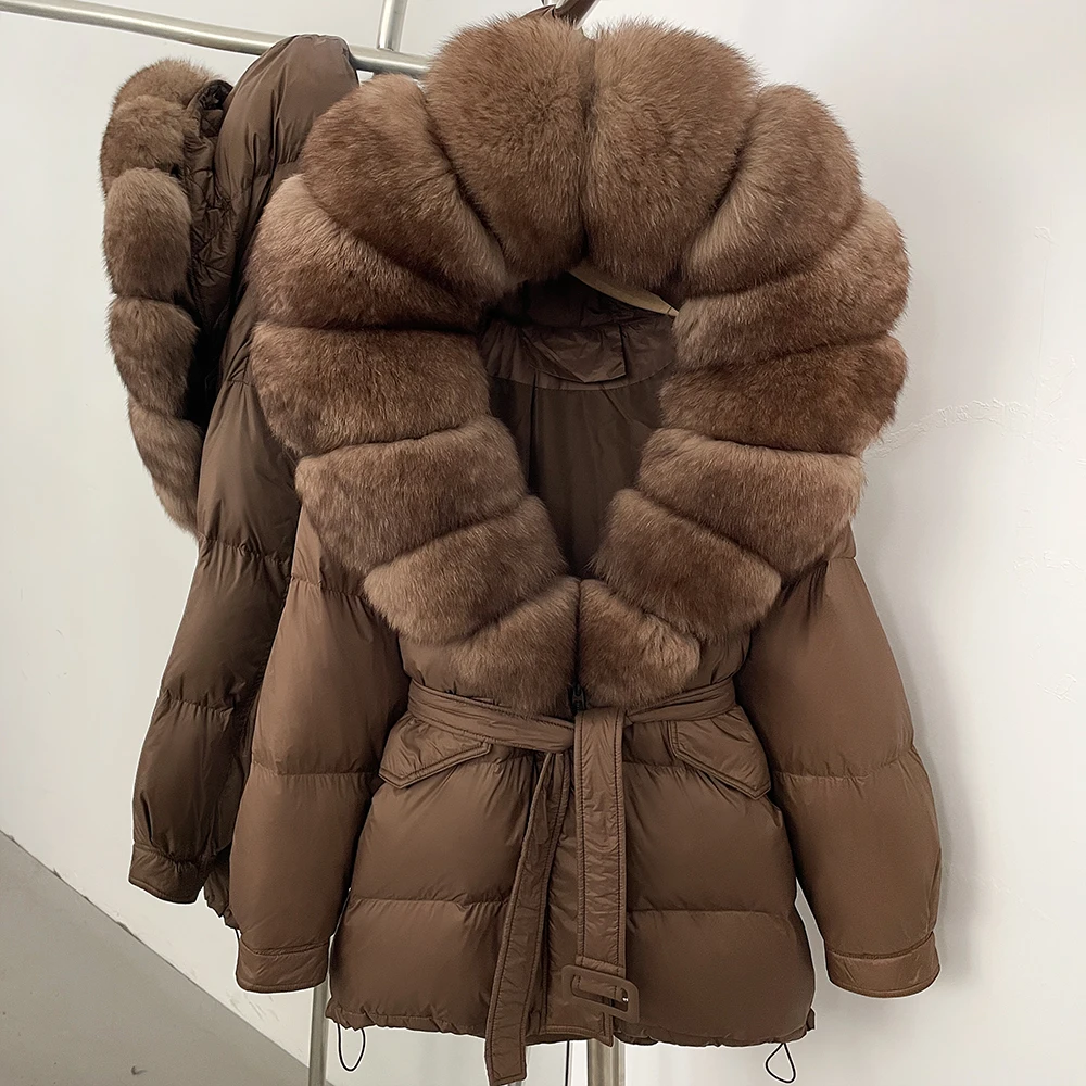 Large Fox Fur Collar Hooded Duck Down Coat Warm Women Winter Reality Fur Jacket 2025 Thick Parkas Outwear Female Puffer Jacket