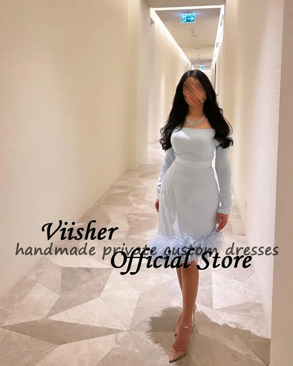 Viisher-Vestidos de Noche de sirena azul cielo, manga 3/4, plumas, satén, Dubai, fiesta de graduación, hasta la rodilla, vestidos de noche formales