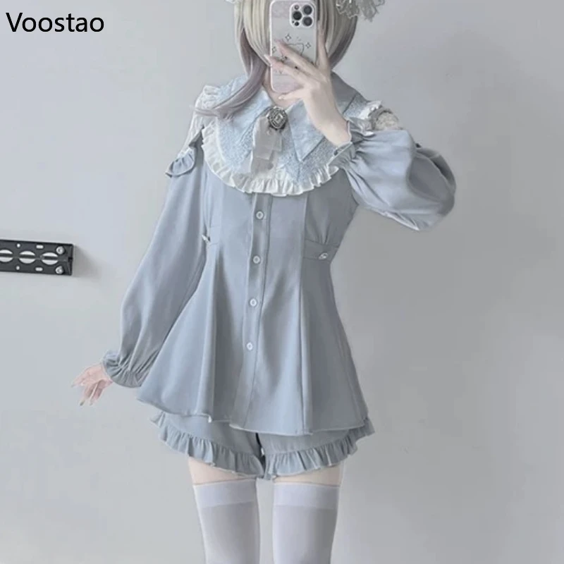 Japonês harajuku y2k lolita strass arco vestido shorts conjunto feminino gótico manga longa camisa de renda vestido kawaii shorts 2 peça conjunto