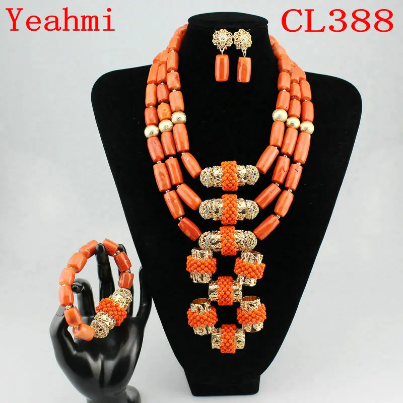 Handmade 3 Layers Real Coral Beads Chunky Women Jewelry Sets Accessory African Bridal Costume Jewelry Set