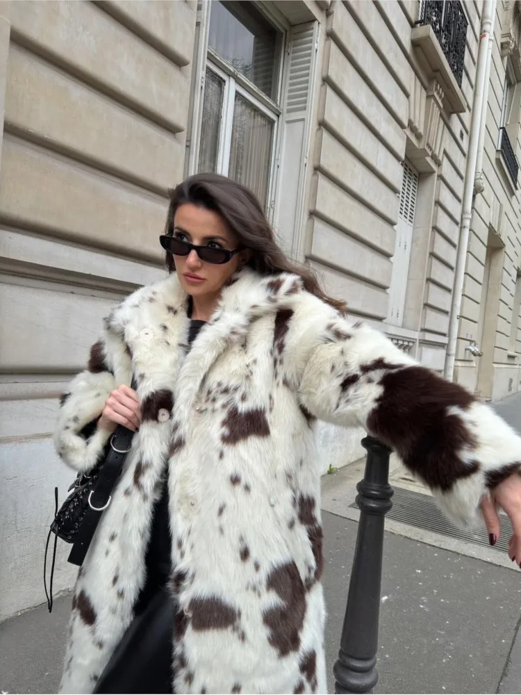 Vintage Printed Faux Fur Long Coats Woman Fashion Lapel Single Breasted Thick Overcoats Autumn Winter Chic Female Warm Outwears