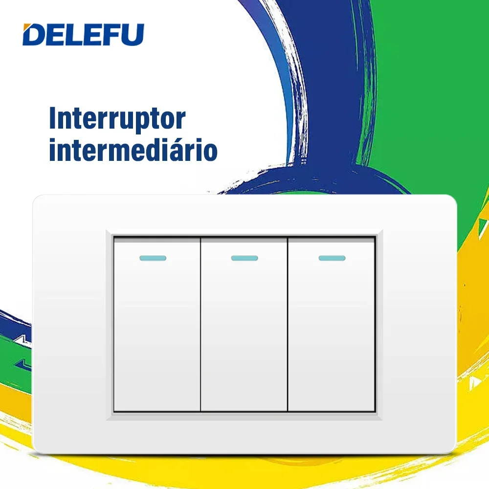 

DELEFU White Fireproof PC 4x2 Panel 3gang Intermediate Switch，10A 20A Brazil Standard Outlet Wall Power Socket Office 118*72mm