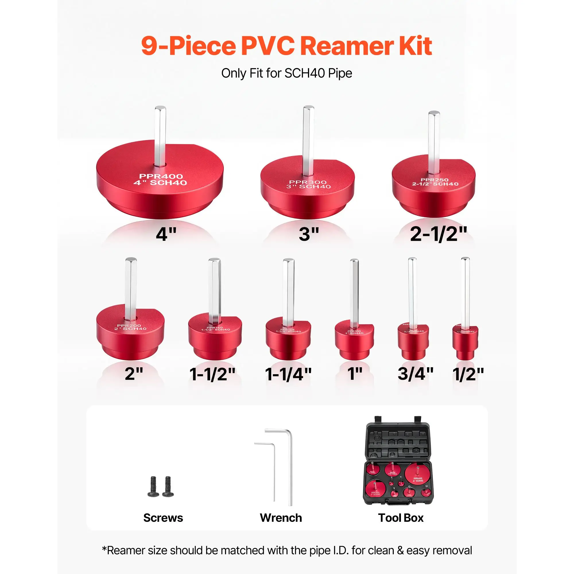 

PVC Pipe Reamer Kit, 9-Piece, PVC Fitting Socket Saver, Includes 1/2", 3/4", 1", 1-1/4", 1-1/2", 2", 2-1/2", 3", 4", Fits Standard 1/2" Drills, Plumbing Tool Kit for SCH40 ABS CPVC Drain Pipes