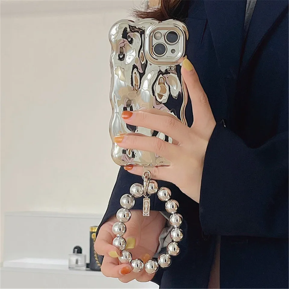 Luxury Electroplated 3D Meteorite Pattern Phone Case for iphone 15 14 13 11 12Pro Max Silver Shockproof Case Round Bead Bracelet