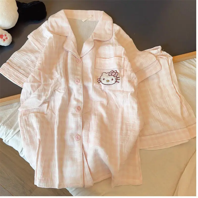 

Popular Pajamas for Women Summer Hello Kitty Sweet Plaid Short-Sleeved Shorts Cardigan Two-Piece Set Soft Home Wear Gift Cartoon