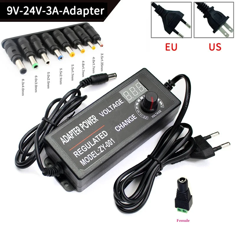 Universal Power Adapter Adjustable Power Supply Adapter AC to DC 9V 24V 3A Regulated Switching Charger With 8PCS Connect US EU