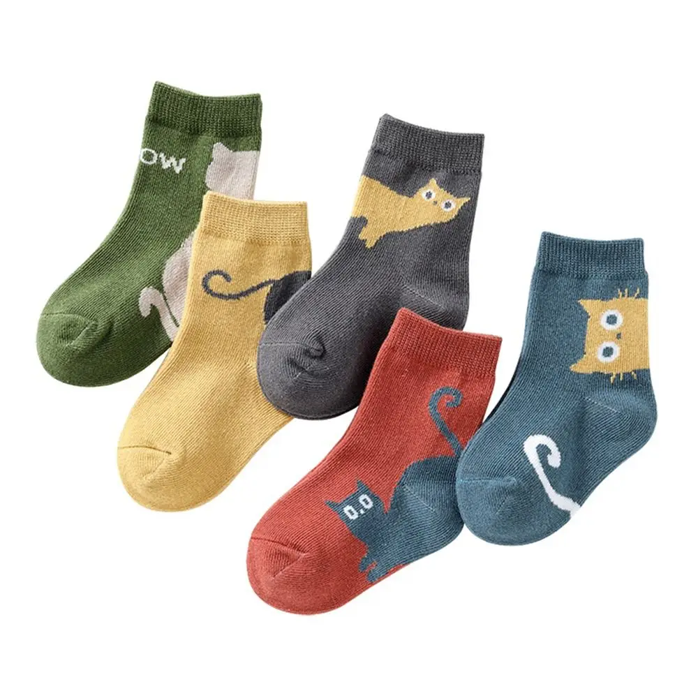 

5 Pairs Cotton Crew Socks Comfortable Cat Design Toddler Mid-Calf Socks Breathable Spring Autumn Children's Socks