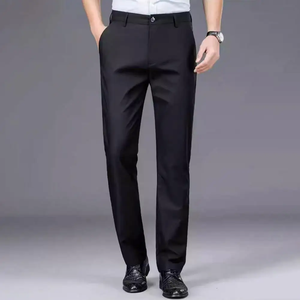 Men Warm Suit Pants Soft Thickened Plush Men's Business Pants Wrinkle-free Straight Leg Mid Waist Elastic for Office for Men