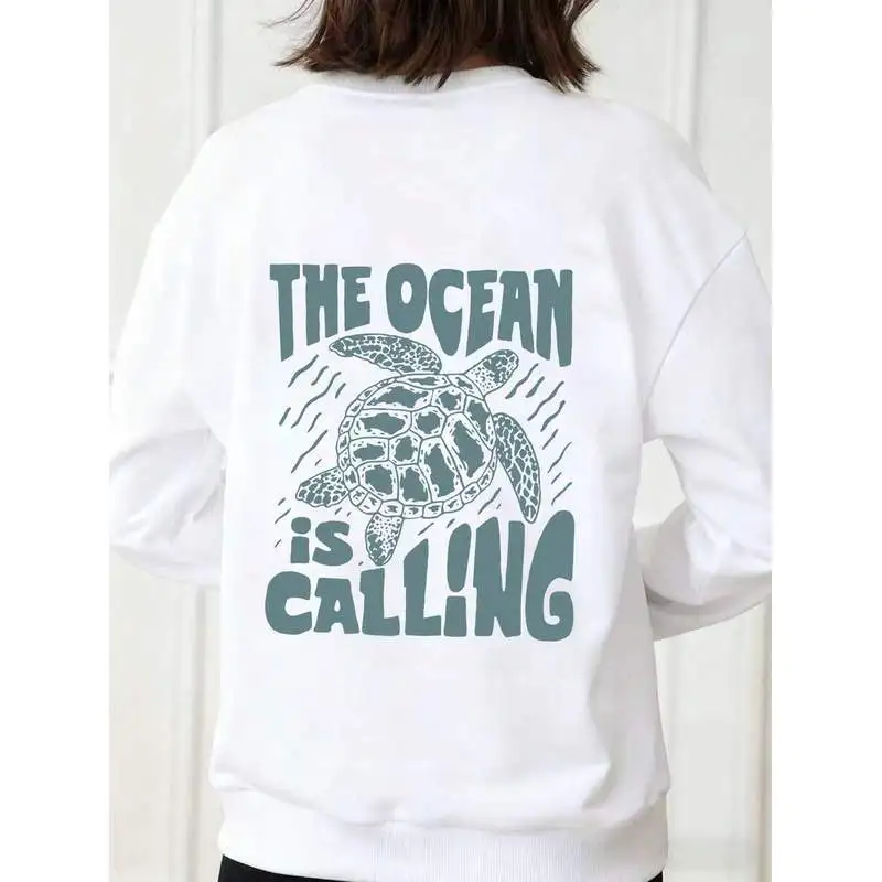 Women The Ocean Is Calling Sea Turtle Graphic Crewneck Sweatshirt Back Print Casual Pullover