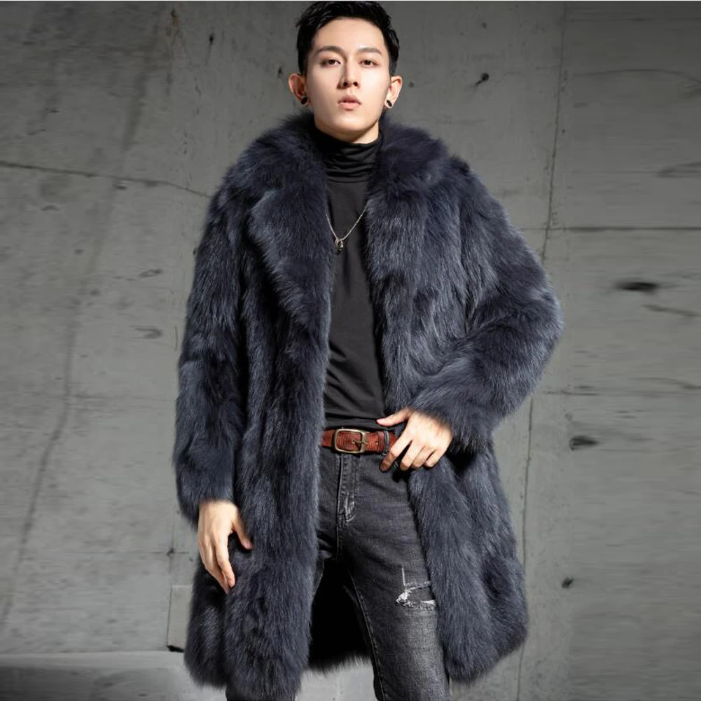 Denny&Dora Whole Skin Genuine Fox Fur Coats With Fur Collar Winter Men Overcoat Mid-Length Style