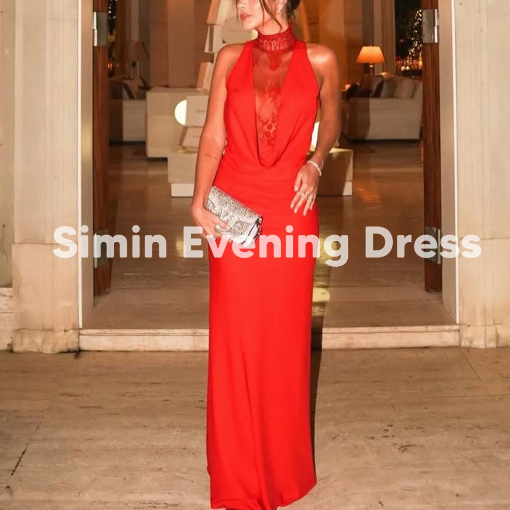 

Simin Women's Customized High-neck Lace Straight Saudi Evening Dresses With Sleeveless Floor-Length Elegant Party Dresses 2025