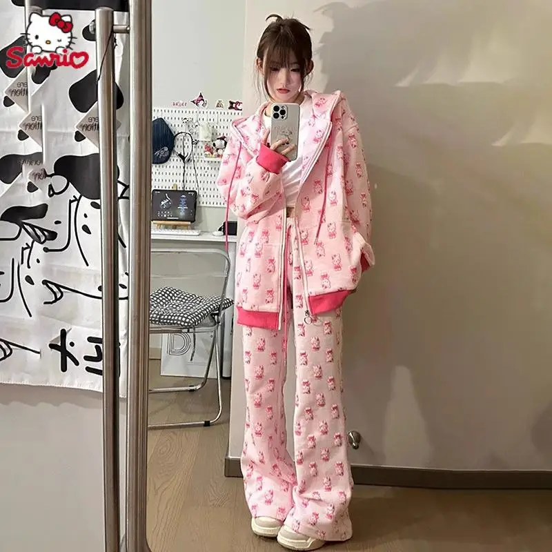 2Pcs Kawaii Sanrio Anime Coat and Pants Cute Hello Kitty Cartoon Hooded Sweatshirt Jacket Sports Suit Set Pants Gifts for Girls