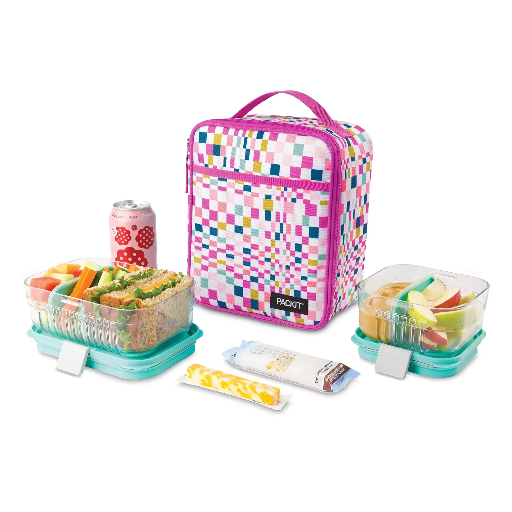 Check print freezable lunch bag upright style, reusable with insulation for food freshness and portability