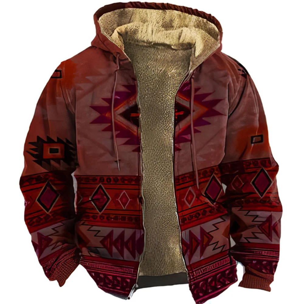 Heren Winter Jassen Fleece Mannelijke Jassen Etnisch Patroon Aztec Print Warme Vulling Hoodies Parka 'S Bovenkleding Chamarras Para Hombre