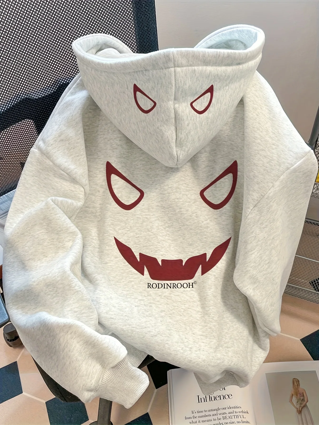 American High Street Cartoon Devil Eye Print Men Women Hooded Sweatshirt Autumn Winter Daily Outdoor Casual LooseWarm Sportswear