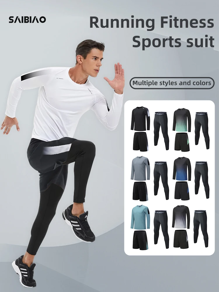 Men's Elastic Compression Bodybuilding Sportswear Gym Fitness Shirts Long-Sleeved Workout Clothes Tights Pants and Running Track