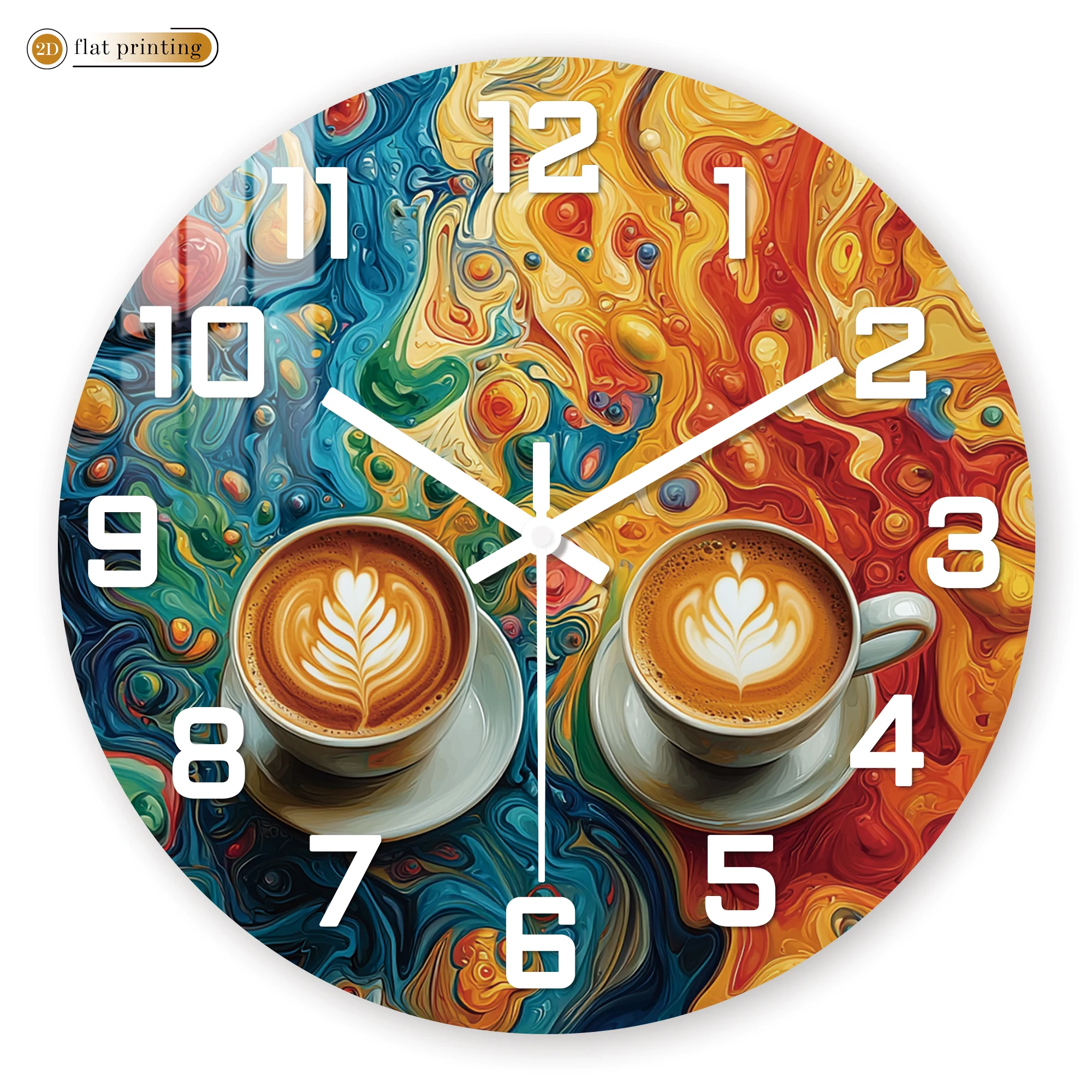 Abstrakte fließende Kunst-Kaffeetassen-Wanduhr, lebendiges Dual-Latte-Design, leiser Quarz-Uhr für Küchen- oder Café-Dekoration