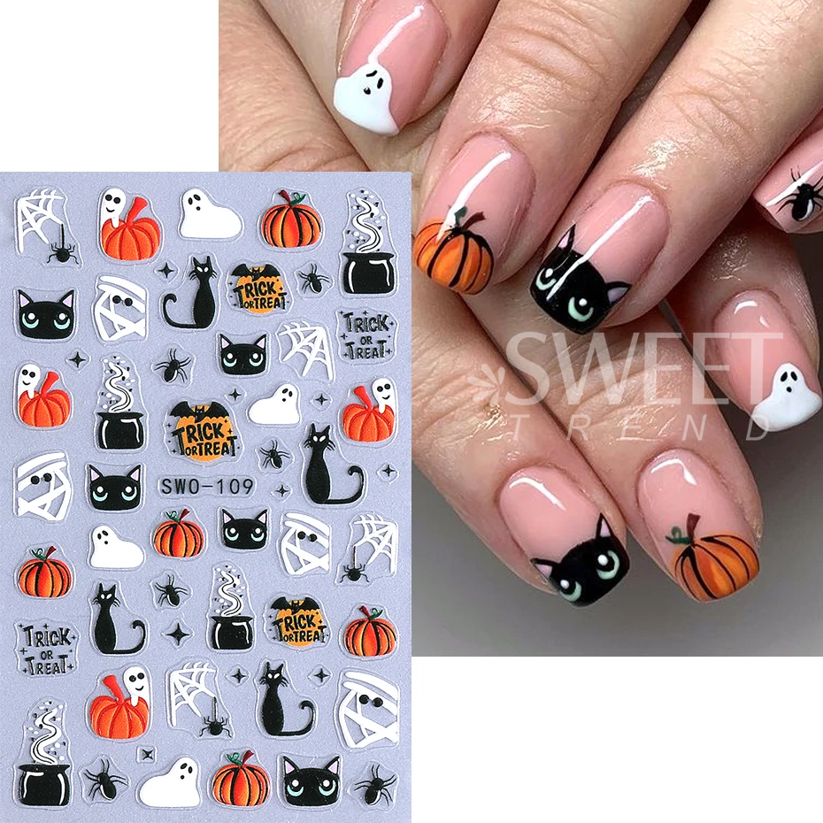 Autocollants pour ongles 3D Halloween, citrouille fantôme araignée crâne, nœud fleur chat mignon, décalcomanies adhésives coulissantes, décor de manucure, 1/3 pièces