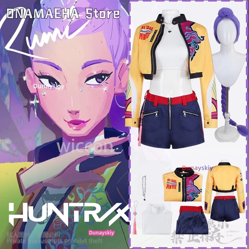 

Anime Movie Demon Kpop Girl Group Cosplay Rumi Singing Costume Yellow Punk Y2K Coat Short Pants Long Wigs Halloween Party Cos