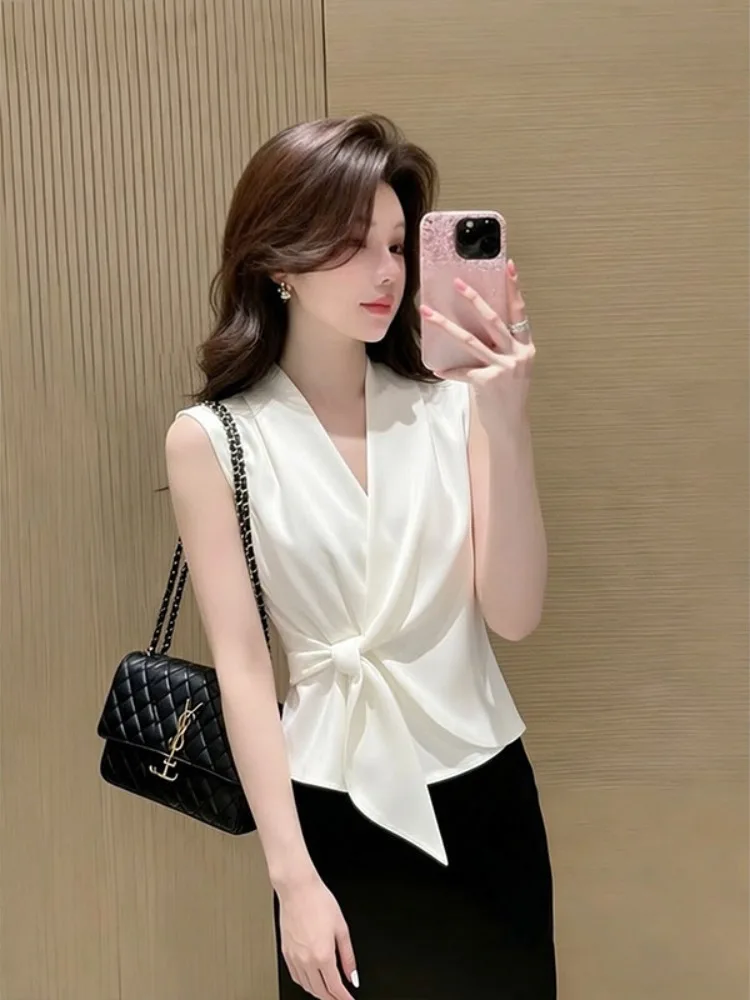 

Elegant Versatile Sleeveless Knot Shirt Summer V-neck Waist-Cinched High-End Commute Classic Style French Style Slim Fit