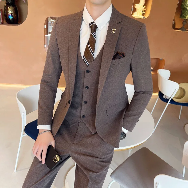 X1020 Brown Double-breasted Suit Men\'s British Slim Fit Men\'s Large Size Suit Three-piece Wedding Groom Dress Trend