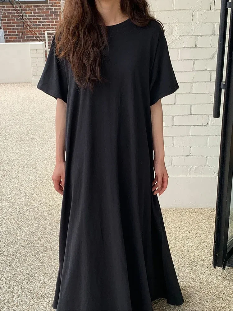 Fashion Temperament Short Sleeved Dress Women's Summer French Simple Loose Casual Lady Solid Color T-shirt Dress Long Dress